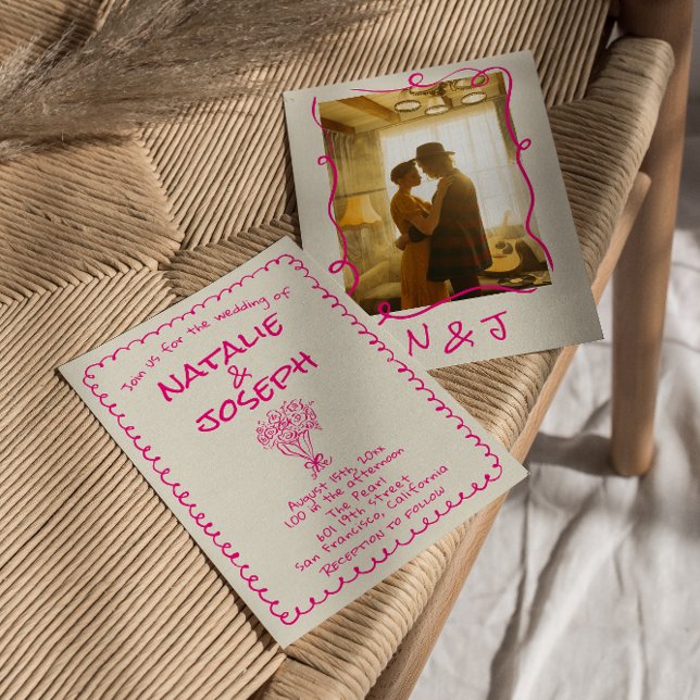 Convite Retro Hand Drawn Vivid Pink Modern Photo Wedding (Criador carregado)