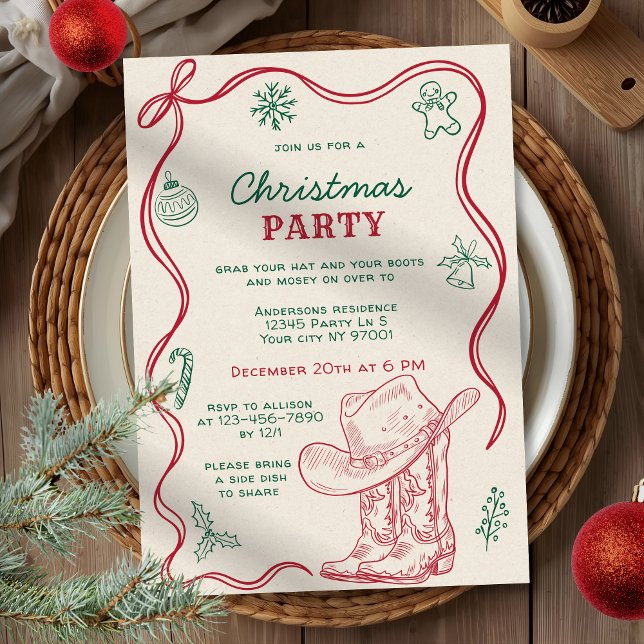 Convite Retro Hand Drawn Western Cowboy Christmas Party (Criador carregado)