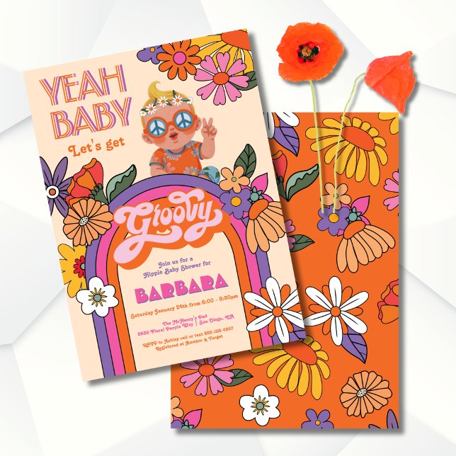 Convite Retro Hippie Baby 70's 60's Groovy Chá de fraldas (Criador carregado)