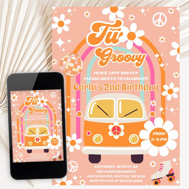 Convite Retro Hippie Daisy Arco-íris Dois Groovy 2º Aniver (Criador carregado)