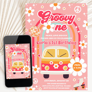 Convite Retro Hippie Daisy Arco-íris Groovy Um 1º Aniversá