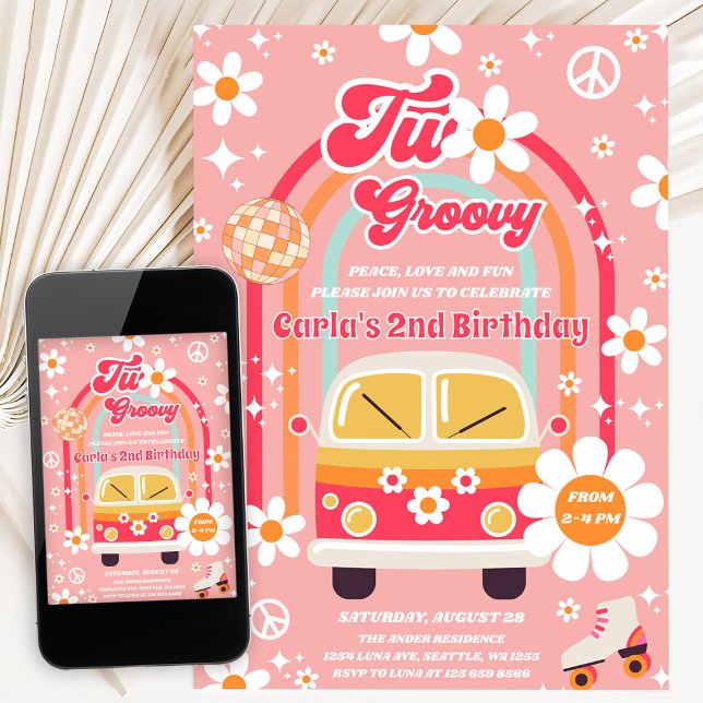 Convite Retro Hippie Daisy Rainbow Two Groovy 2nd Birthday (Criador carregado)