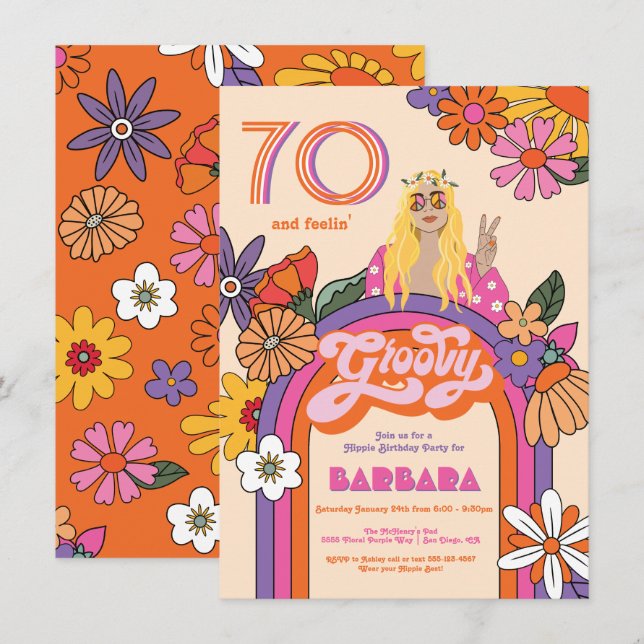 Convite Retro Hippie Girl 70's Groovy Festa de aniversário (Frente/Verso)