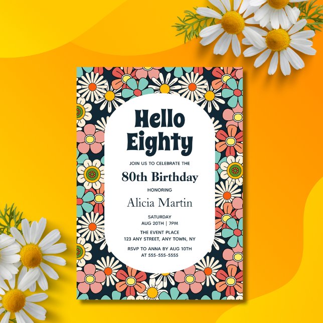 Convite Retro Hippie Groovy Flower Hello Oitocenta Anivers (Criador carregado)