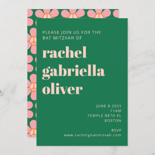 Convite Retro Hippie Peace Flower Verde Rosa Bat Mitzvah