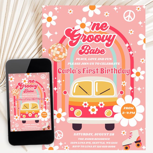Convite Retro Hippie Rainbow One Groovy Babe 1st Birthday (Criador carregado)