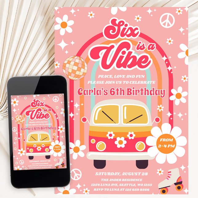 Convite Retro Hippie Rainbow Six Is A Vibe 6th Birthday (Criador carregado)