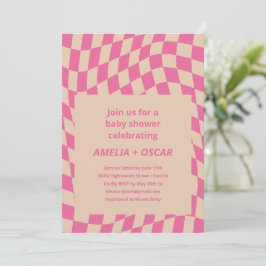 Convite Retro Hot Pink Abstract Checkerboard Baby Shower
