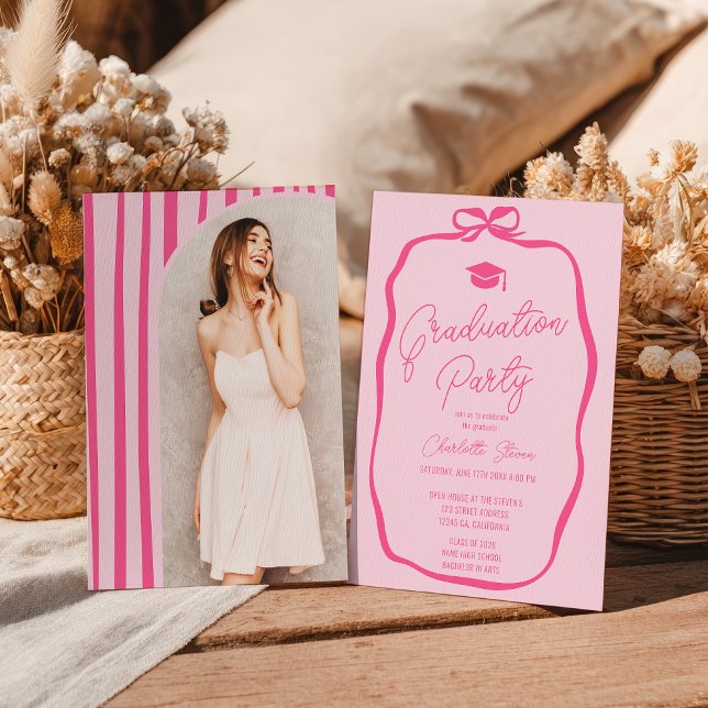 Convite Retro Hot Pink Coquette Bow photo graduation (Retro Hot Pink Coquette Bow photo graduation Invitation)
