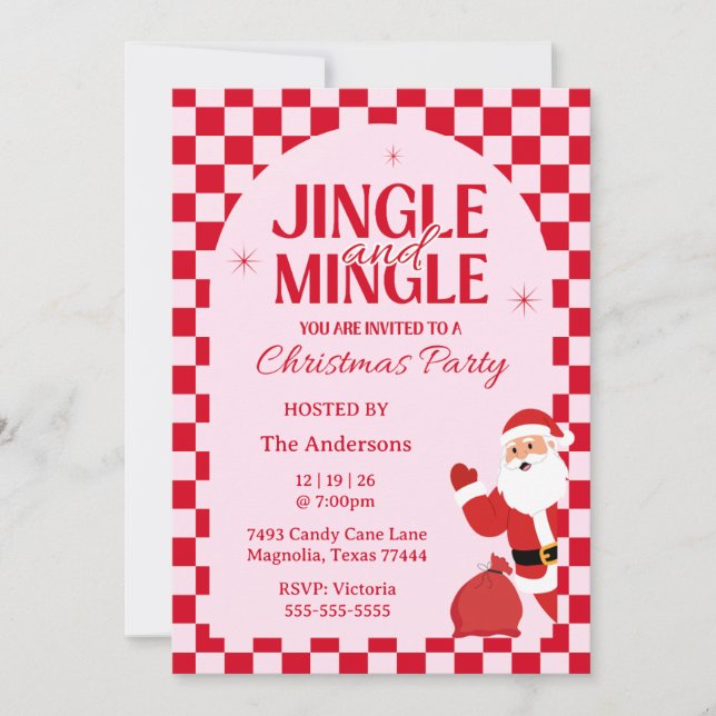 Convite Retro Jingle And Mingle Christmas Checkerboard Red (Frente)