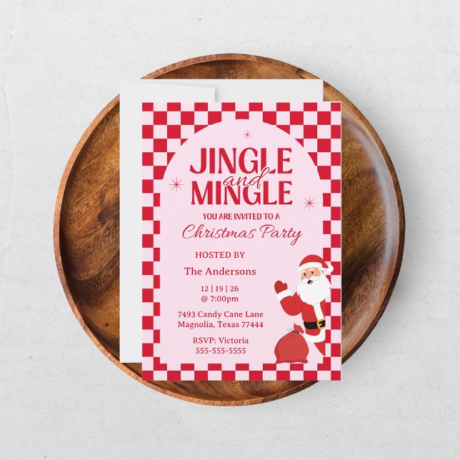 Convite Retro Jingle e Mingle Natal Xadrez Vermelho (Criador carregado)