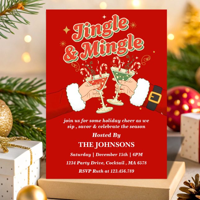 Convite Retro Jingle & Mingle Editable Christmas Party (Criador carregado)