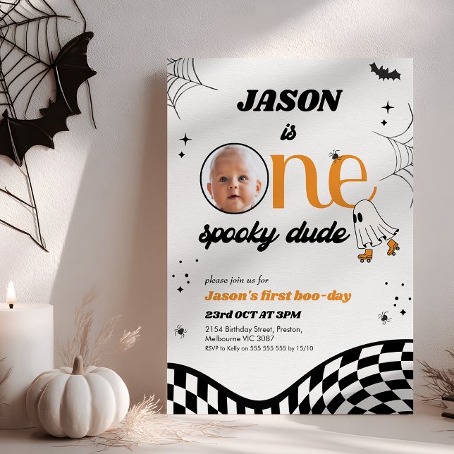 Convite Retro Laranja Preto Um primeiro aniversario Cara E (Retro One Spooky Dude 1st Birthday Invitation, Spooky One Halloween First Birthday Invitation)