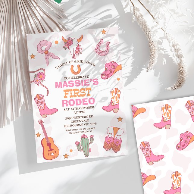Convite Retro Laranja Rosa 1rua Rodeio Aniversário (Girls First Rodeo Birthday Invitation Cowgirl 1st Birthday Invitation Retro Pink Orange Wild West )