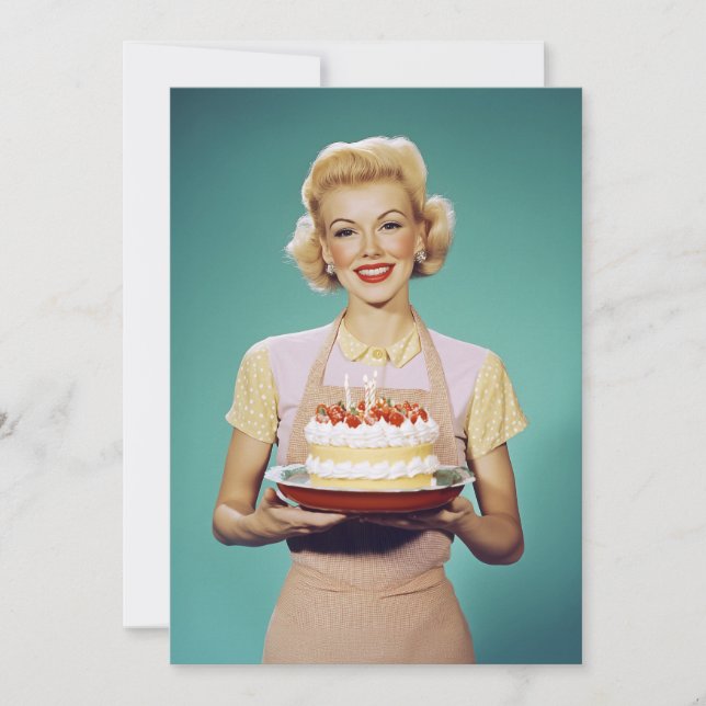 Convite Retro mãe segurando um bolo de celebração (Frente)