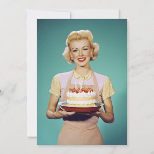 Convite Retro mãe segurando um bolo de celebração