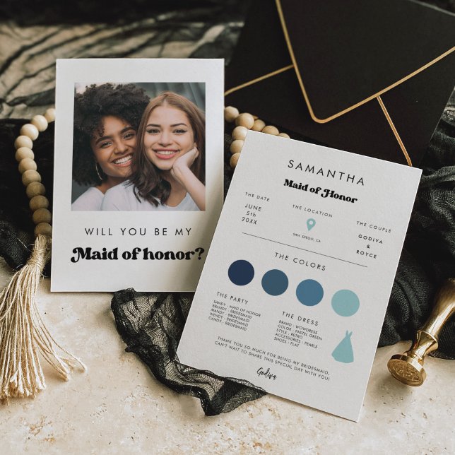Convite Retro Maid of Honor Proposal Info Card with Photo (Criador carregado)
