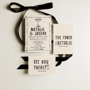 Convite Retro Mão Desenhada Cocktail Escrito Casamento Qui