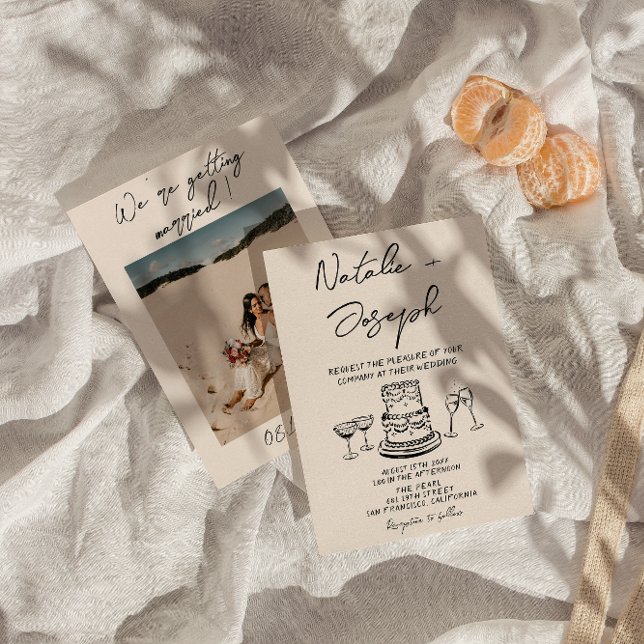 Convite Retro-Mão Desenhado Bolo Escrito Quirky Foto Casam (Criador carregado)