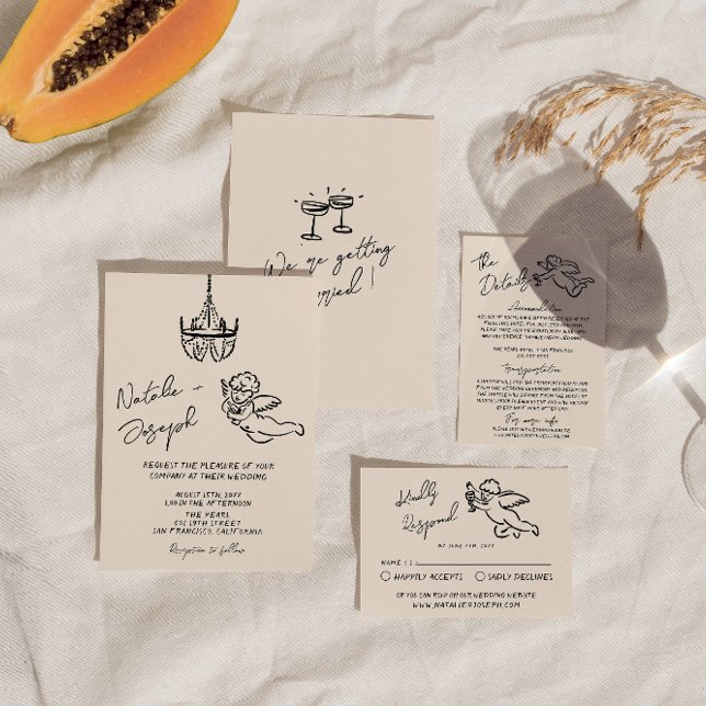 Convite Retro-Mão Desenhado Cupid Escrito Casamento Quirky (Criador carregado)