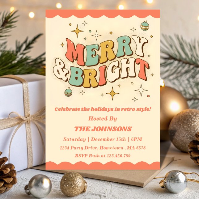 Convite Retro Merry & Bright Editable Christmas Party (Criador carregado)
