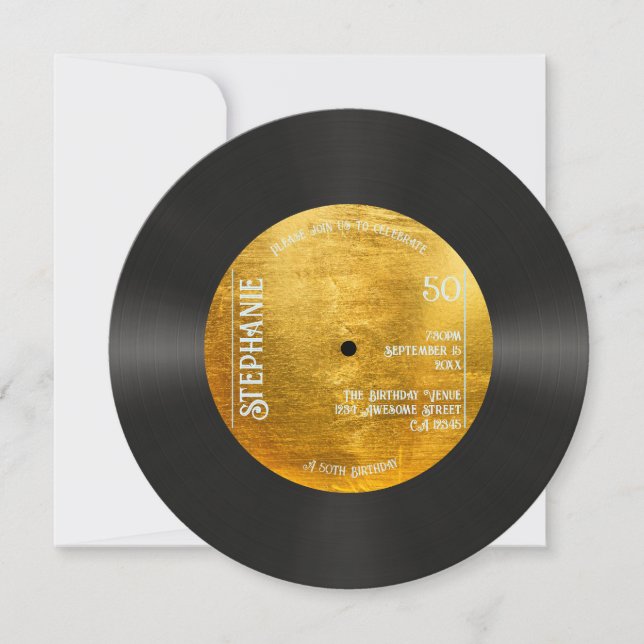 Convite Retro Metallic Dourado Record Music 50th Birthday (Frente)