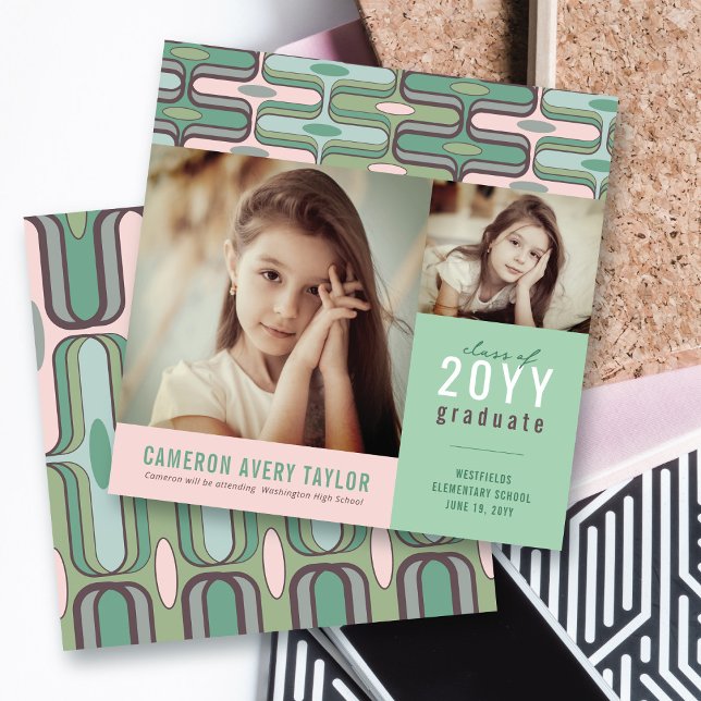 Convite Retro Mod Rosa e Verde Menta Ogee 2 Fotos Graduaçã (Retro Mod Pink & Mint Green Ogee Zig Zag, 2 Photo Graduation Invitation @ zazzle.com/color_therapy)
