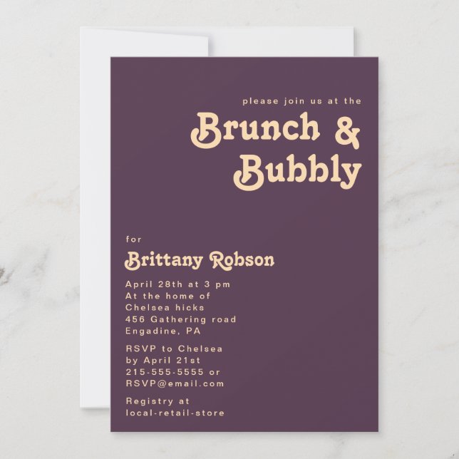 Convite Retro Moderno | Brunch roxo escuro e espumante (Frente)