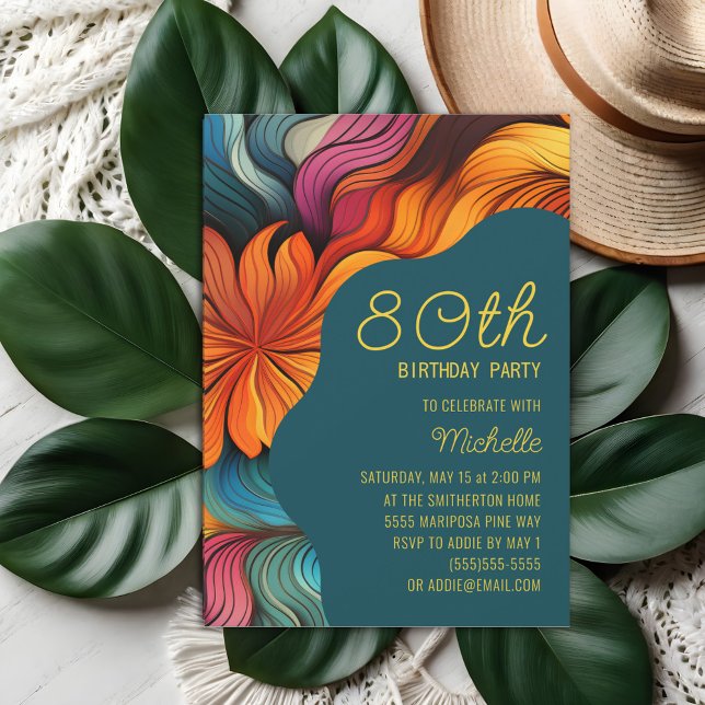 Convite Retro Moderno Laranja Teal 80 Psicodélico Aniversá (Orange and teal retro-style 80th birthday party invitation)