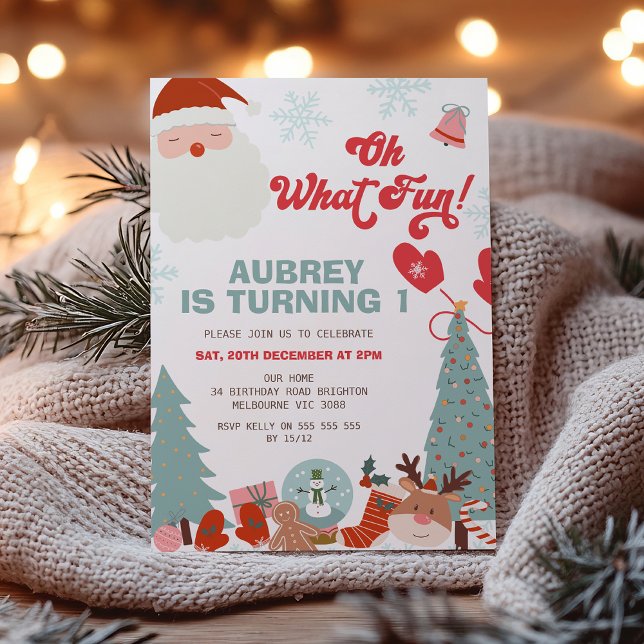 Convite Retro Natal Oh Que primeiro aniversario Divertido (Oh What Fun Christmas Birthday Invitation Template,  Retro Christmas 1st Birthday, Winter Holiday, )