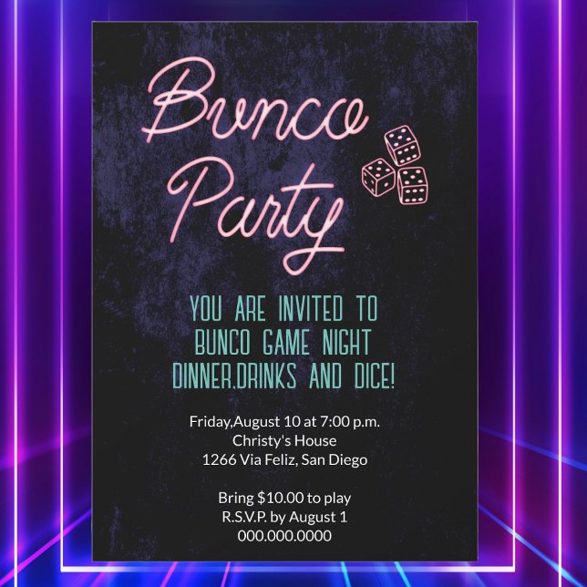Convite Retro Neon Dice Bunco evento (Bunco Party. Invite players for a game night with this retro neon light design with dice. )