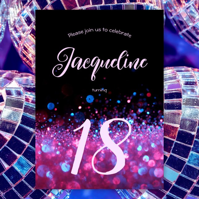Convite Retro Neon Pink Glitter Script 18.º aniversário (Criador carregado)