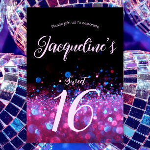 Convite Retro Neon Pink Glitter Script Sweet 16 anos