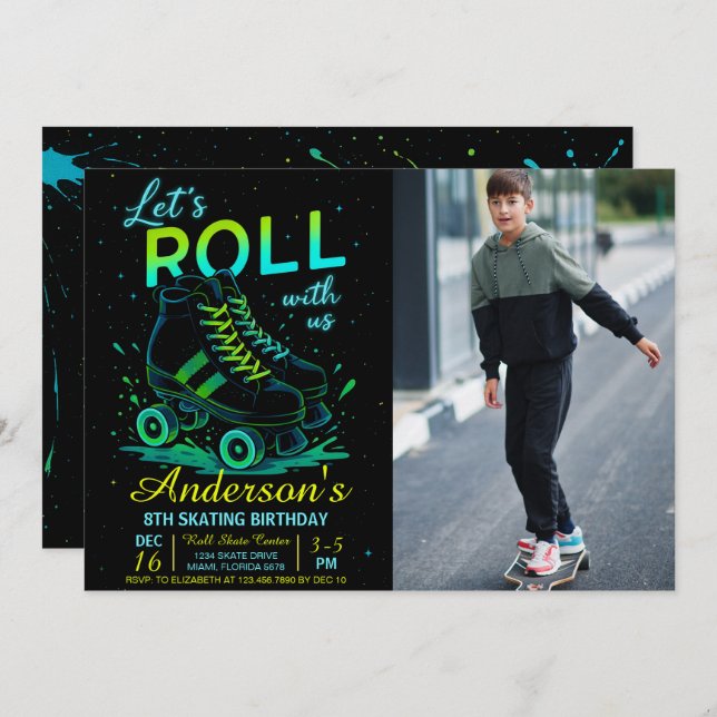 Convite Retro Neon Roller Skate Birthday Photo (Frente/Verso)