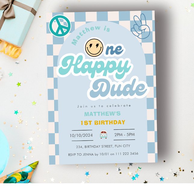Convite Retro One Happy Dude Groovy Boy 1rua Primeiro Aniv (Retro One Happy Dude Groovy Boy 1st First Birthday Invitation)