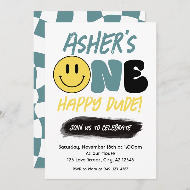 Convite Retro One Happy Duo Happy Face Primeiro Aniversári (Frente/Verso)