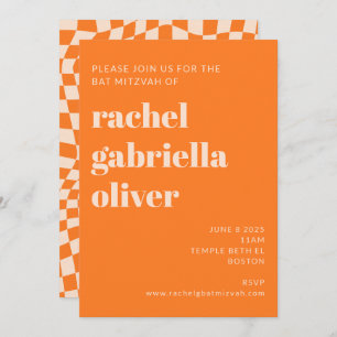 Convite Retro Orange Abstrato Checkerboard Bat Mitzvah