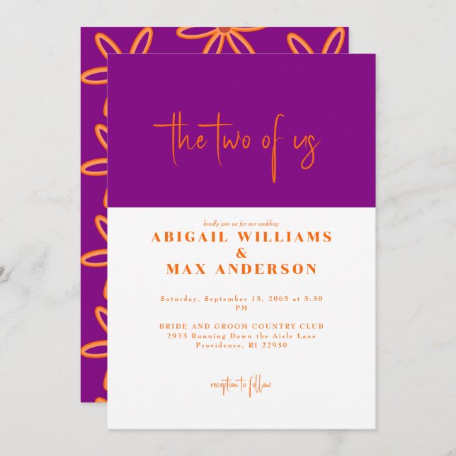 Convite Retro Orange e Purple Casamento dos Dois Nós (Frente/Verso)