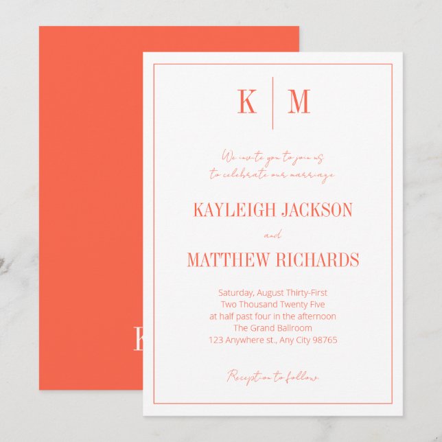 Convite Retro Orange Red Monogram Elegant Wedding  (Frente/Verso)