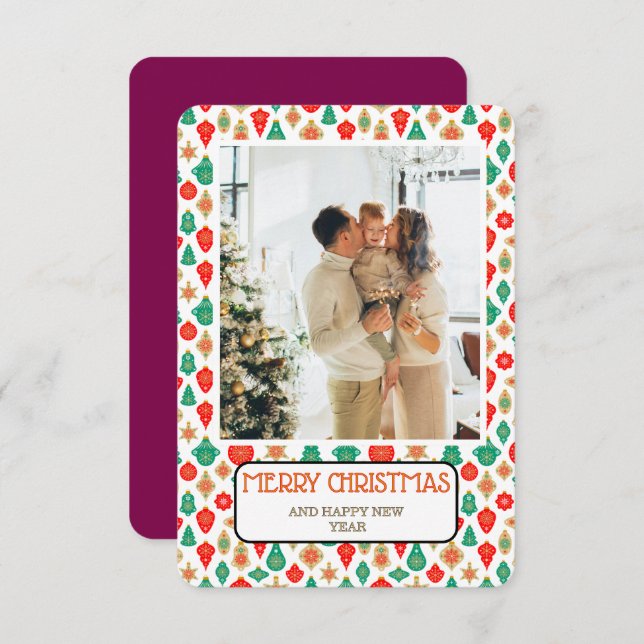 Convite Retro Ornament Pattern Merry Christmas Photo Card (Frente/Verso)