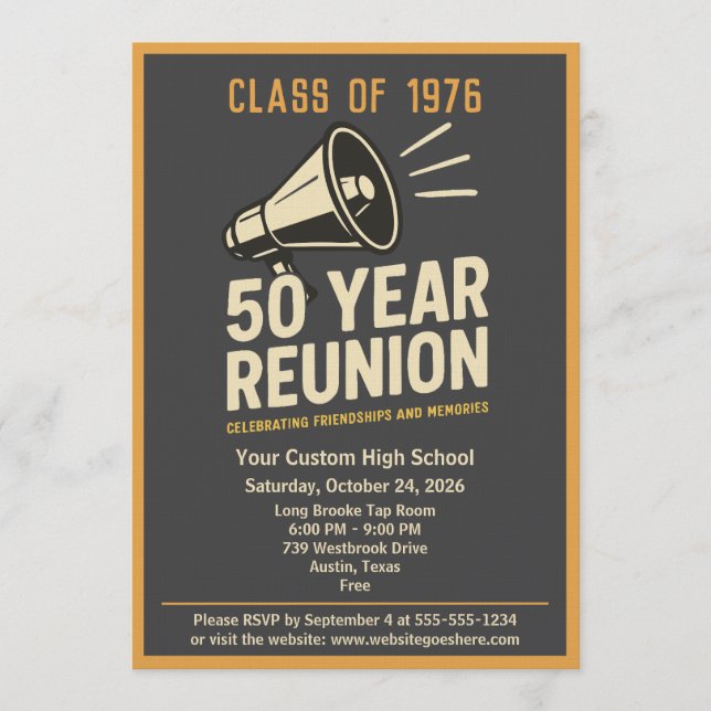 Convite Retro Pep Rally Style 50 Year Class Reunion (Frente)