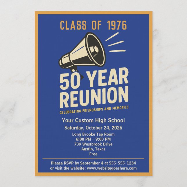Convite Retro Pep Rally Style 50 Year Class Reunion (Frente)