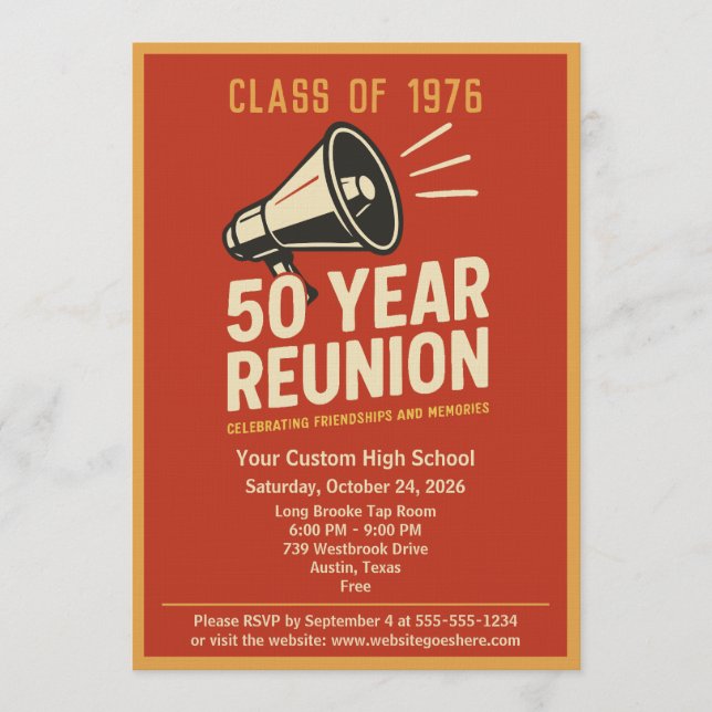Convite Retro Pep Rally Style 50 Year Class Reunion (Frente)