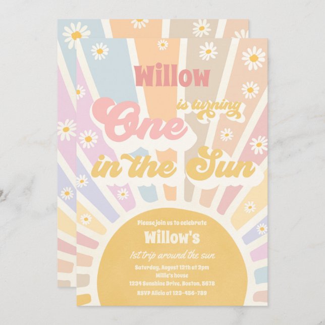 Convite Retrô Pequeno Sol No Aniversário Do Sol (Frente/Verso)
