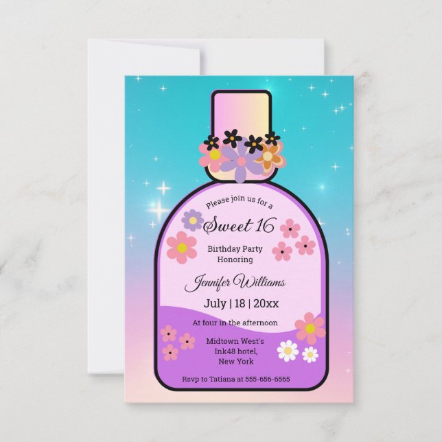 Convite retro perfume doce 16 faíscas holográficas (Frente)