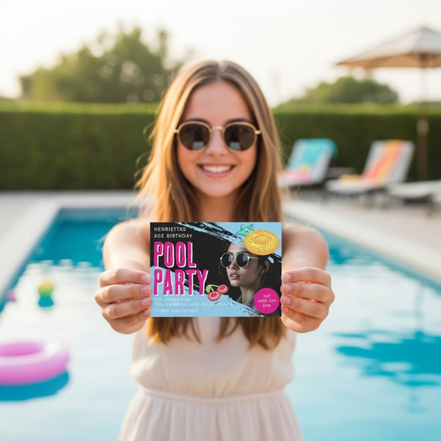 Convite Retro photo Pool Party Birthday QR Code RSVP (Criador carregado)