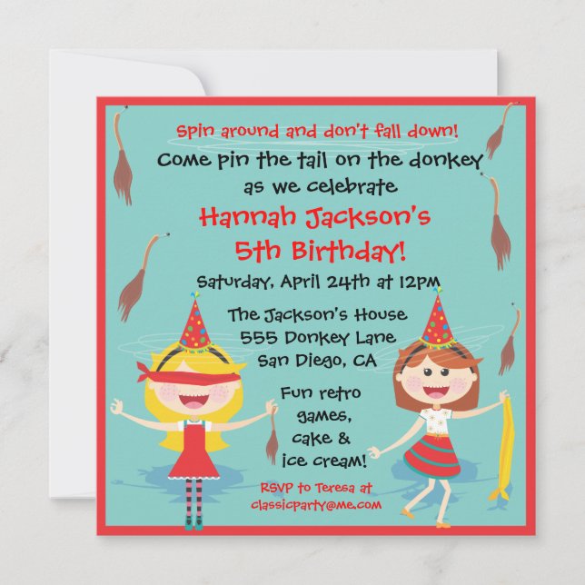Convite Retro Pin a cauda na Festa de aniversário do burro (Frente)
