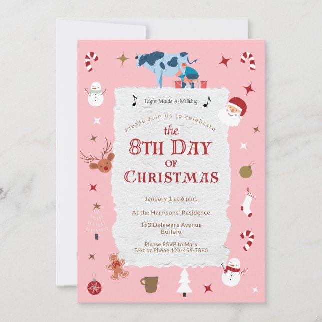 Convite Retro Pink 8th Day Christmas Mid-Century Holiday (Frente)