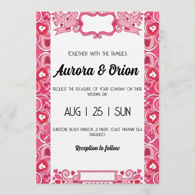 Convite retro pink and red wedding invitation (Frente)