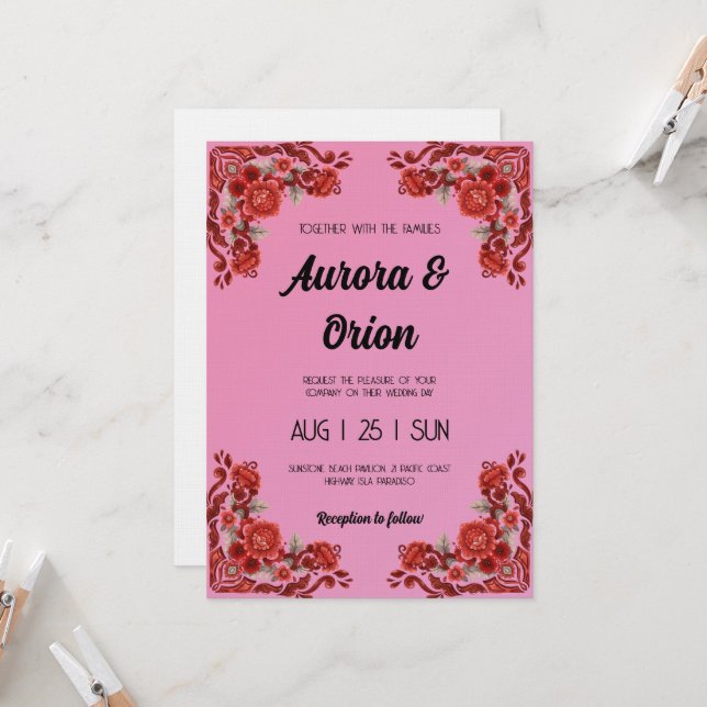 Convite retro pink and red wedding invitation (Frente/Verso In Situ)
